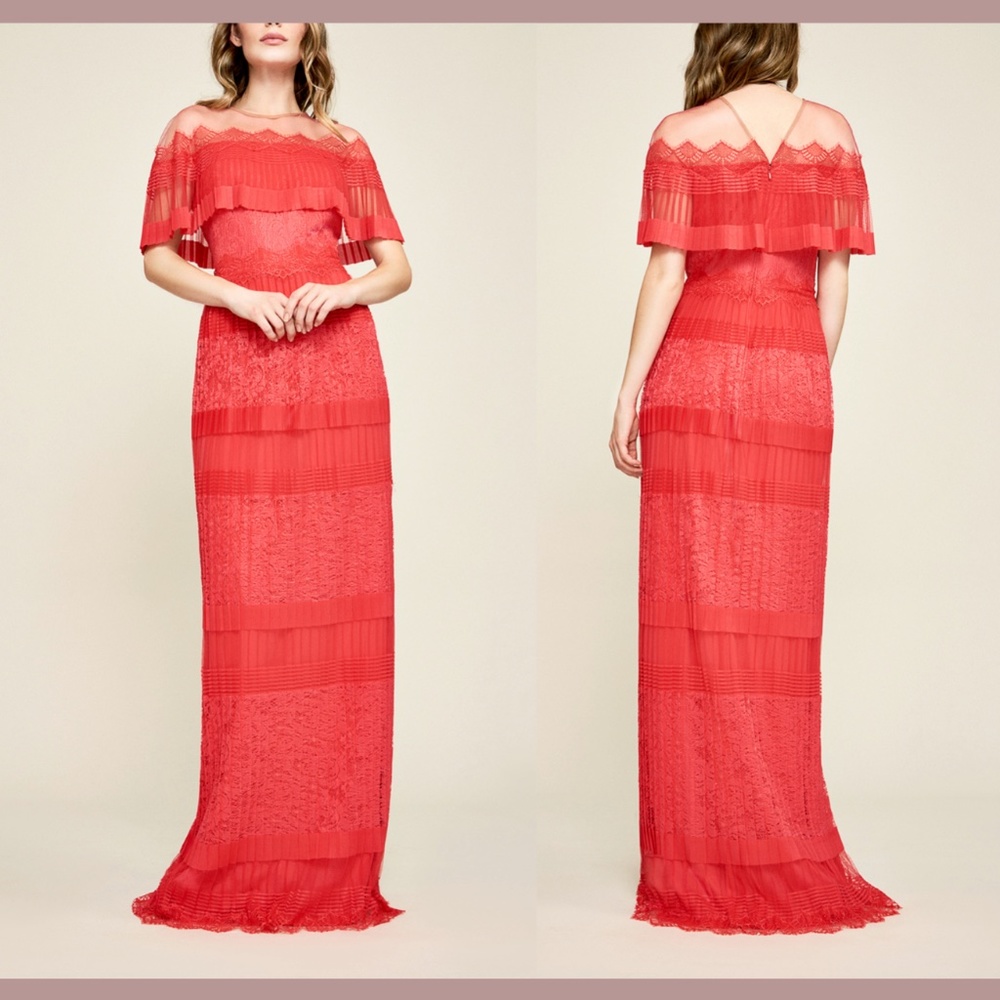 New Tadashi Shoji [ 4 ] Tristan Pleated Illusion Lace Gown In Red